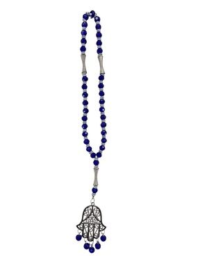 Silver Filigree Hamsa Hand Evil Eye Protection Rosary Charm Cobalt Blue Beads